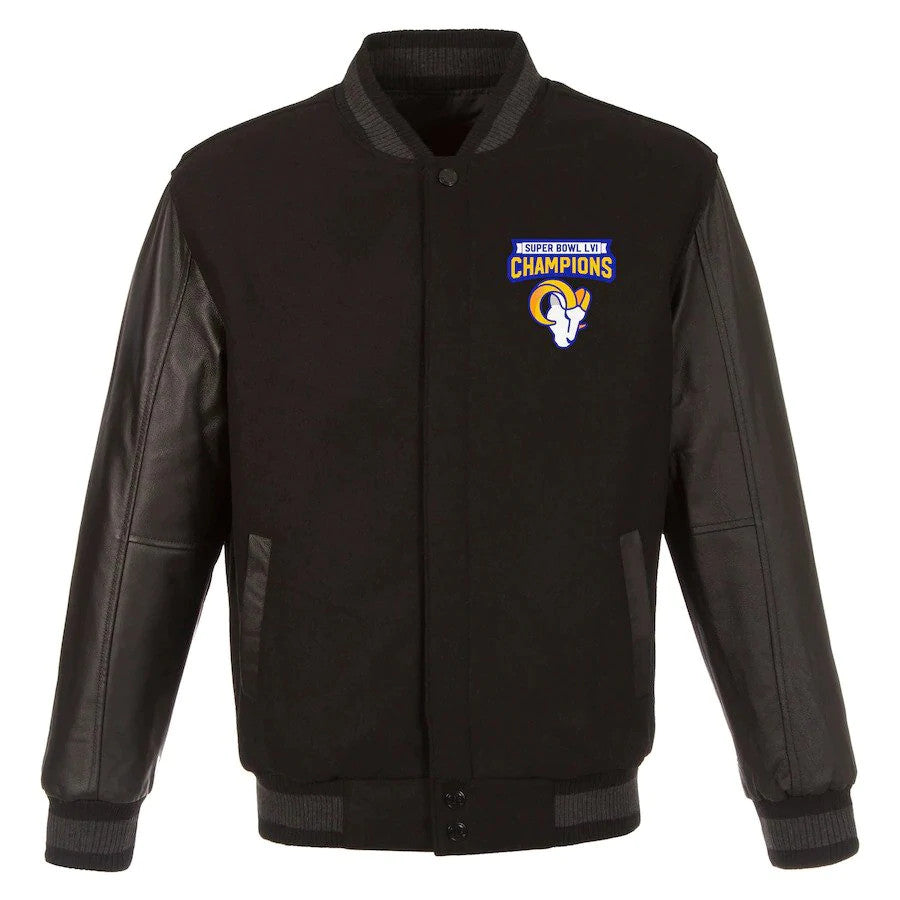 LOS ANGELES RAMS MEN'S SUPER BOWL LVI CHAMPS REVERSIBLE WOOL AND LEATHER FULL-SNAP JACKET