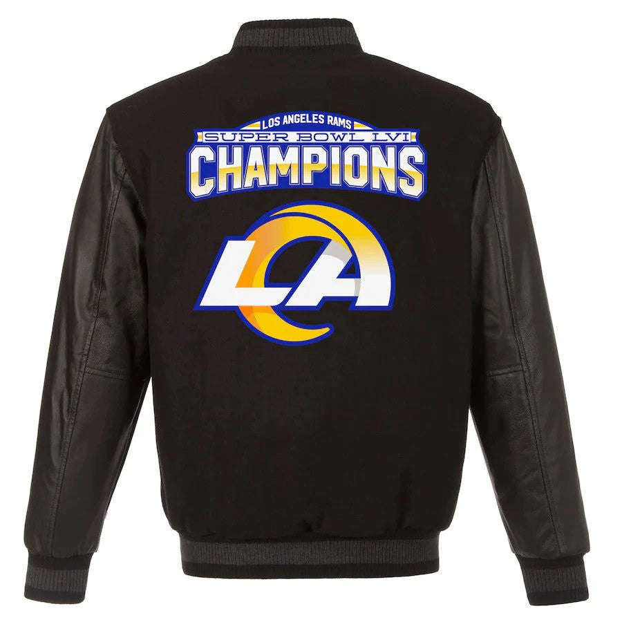 LOS ANGELES RAMS HOMBRE SUPER BOWL LVI CHAMPS CHAQUETA REVERSIBLE DE LANA Y CUERO CON AJUSTES COMPLETOS