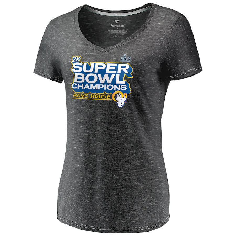Women's Fanatics Branded Heathered Charcoal Los Angeles Rams Super Bowl LVI Champions Parade V-Neck T-Shirt