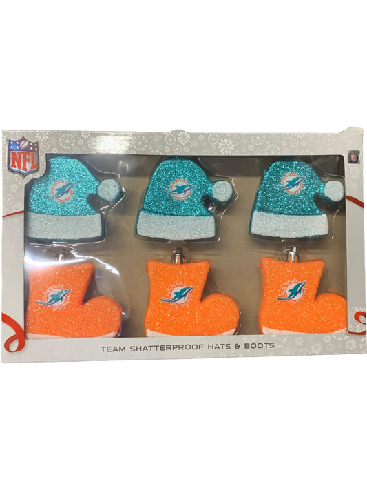 MIAMI DOLPHINS 6PK SANTA HAT AND BOOTS SHATTERPROOF CHRISTMAS ORNAMENTS