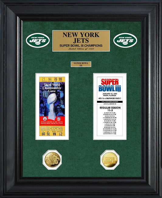 COLECCIÓN DE BOLETOS DE MONEDA DE ORO DELUXE DE LOS CAMPEONES DEL SUPER BOWL DE LOS JETS DE NUEVA YORK