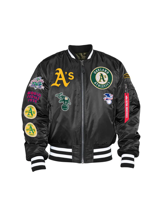 OAKLAND ATHLETICS MEN'S ALPHA INDUSTRIES REVERSIBLE BOMBER JACKET