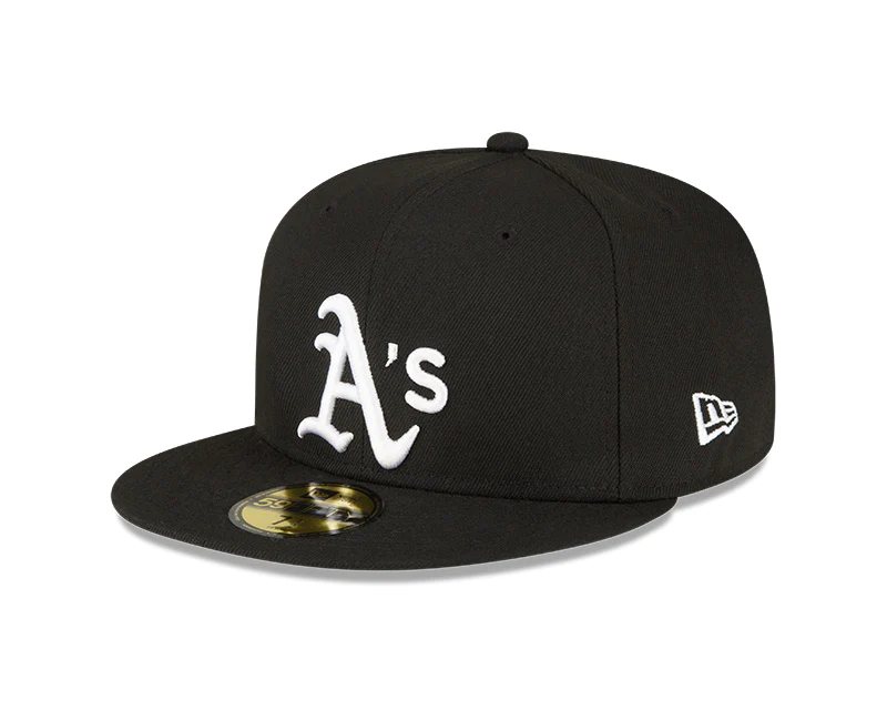 GORRA AJUSTADA 59FIFTY CON PARCHE LATERAL DE LA SERIE MUNDIAL CON PARCHE LATERAL DE OAKLAND ATHLETICS - NEGRO/BLANCO