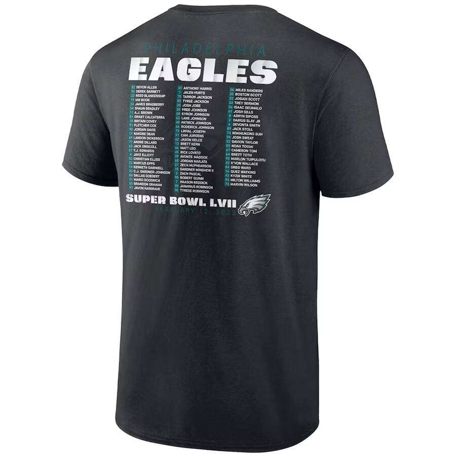 CAMISETA DEL LISTADO DEL EQUIPO VARSITY DEL SUPER BOWL LVII DE LOS ÁGUILAS DE PHILADELPHIA EAGLES PARA HOMBRE