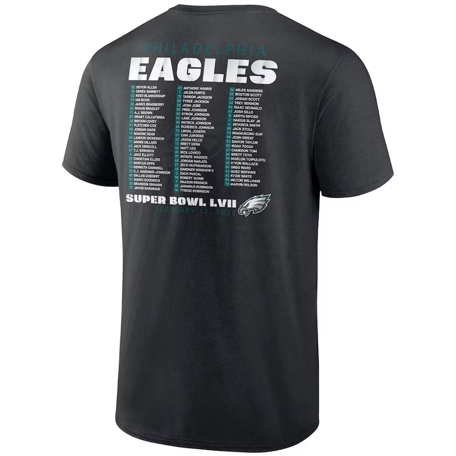 PHILADELPHIA EAGLES MEN'S SUPER BOWL LVII VARSITY TEAM ROSTER T-SHIRT