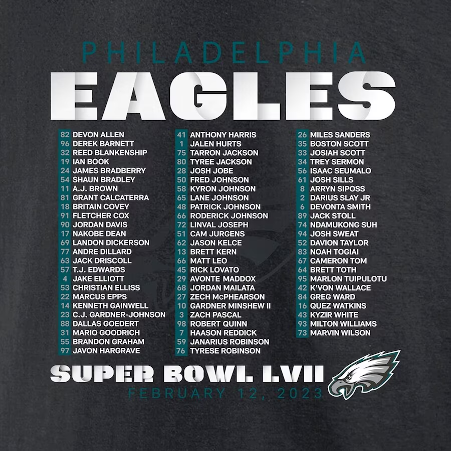 PHILADELPHIA EAGLES MEN'S SUPER BOWL LVII VARSITY TEAM ROSTER T-SHIRT