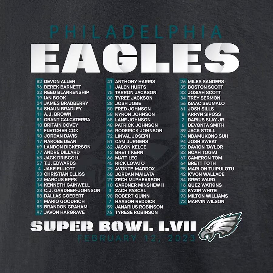 CAMISETA DEL LISTADO DEL EQUIPO VARSITY DEL SUPER BOWL LVII DE LOS ÁGUILAS DE PHILADELPHIA EAGLES PARA HOMBRE