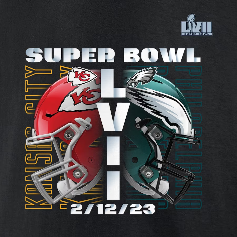 ÁGUILAS DE FILADELFIA VS. KANSAS CITY CHIEFS SUPER BOWL LVII CAMISETA DE PARTIDO DE DUELO PARA HOMBRE