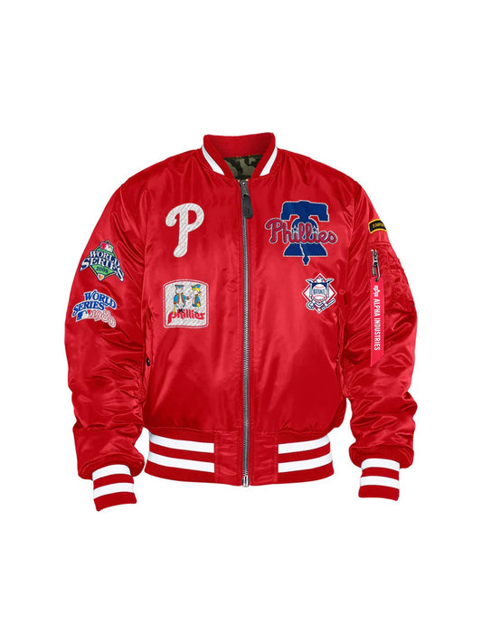 PHILADELPHIA PHILLIES MEN'S ALPHA INDSUTRIES REVERSIBLE BOMBER JACKET