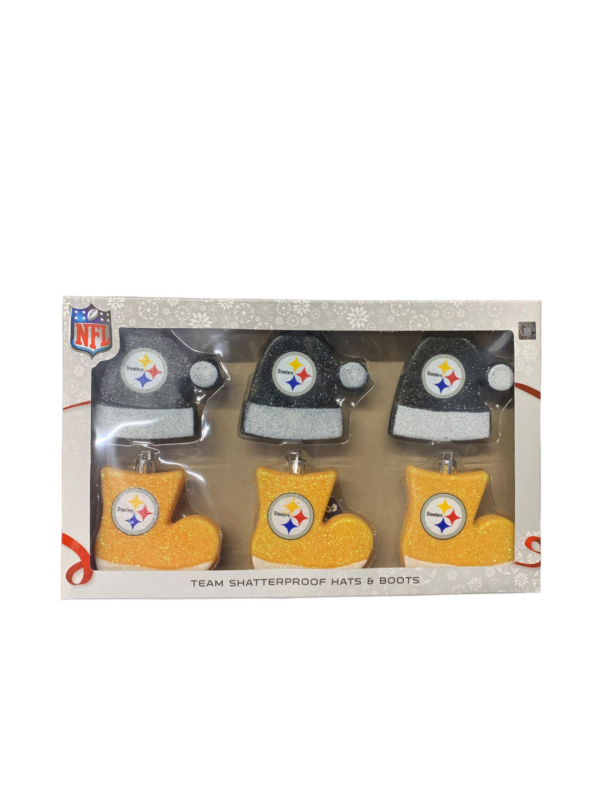 PITTSBURGH STEELERS 6PK SANTA HATS AND BOOTS SHATTERPROOF CHRISTMAS ORNAMENTS