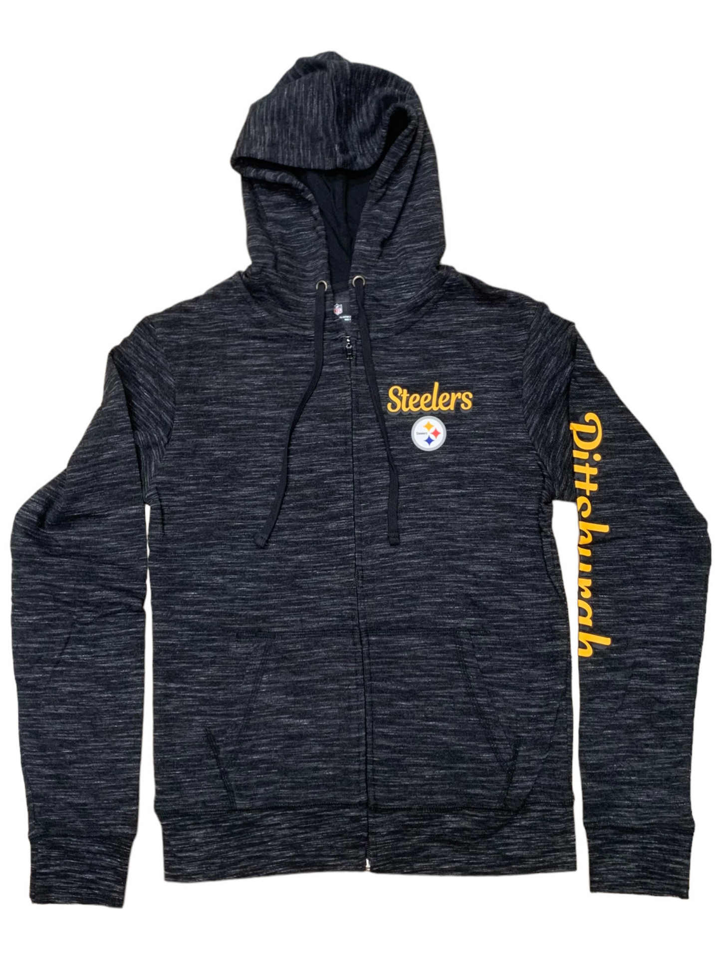 SUDADERA CON CAPUCHA Y CREMALLERA COMPLETA CON NOMBRE Y MANGA DE MUJER DE LOS PITTSBURGH STEELERS