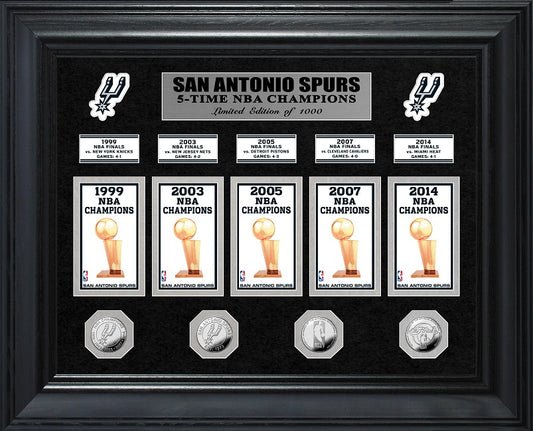 SAN ANTONIO SPURS 5 VECES CAMPEONES DE LA NBA DELUXE COLECCIÓN DE MONEDAS DE PLATA Y BANDERA