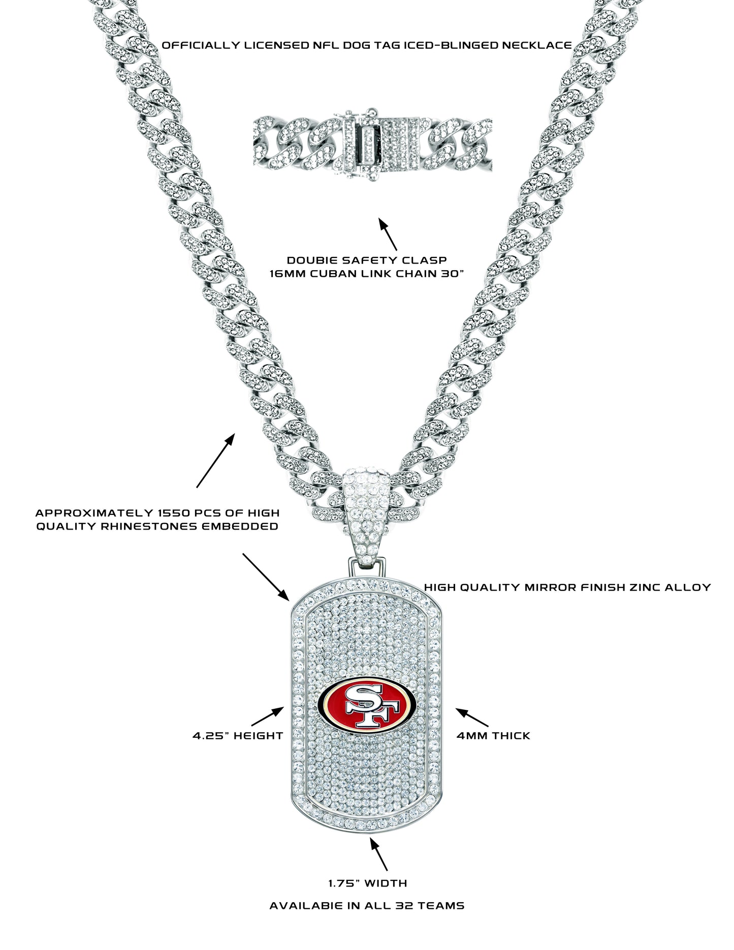 SAN FRANCISCO 49ERS BLING DOG TAG NECKLACE