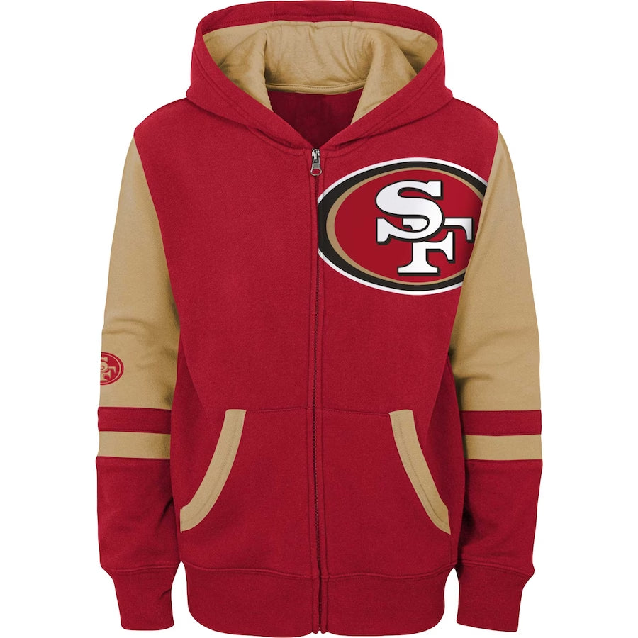 SAN FRANCISCO 49ERS KIDS FULL ZIP STADIUM COLOR BLOCK SWEATER